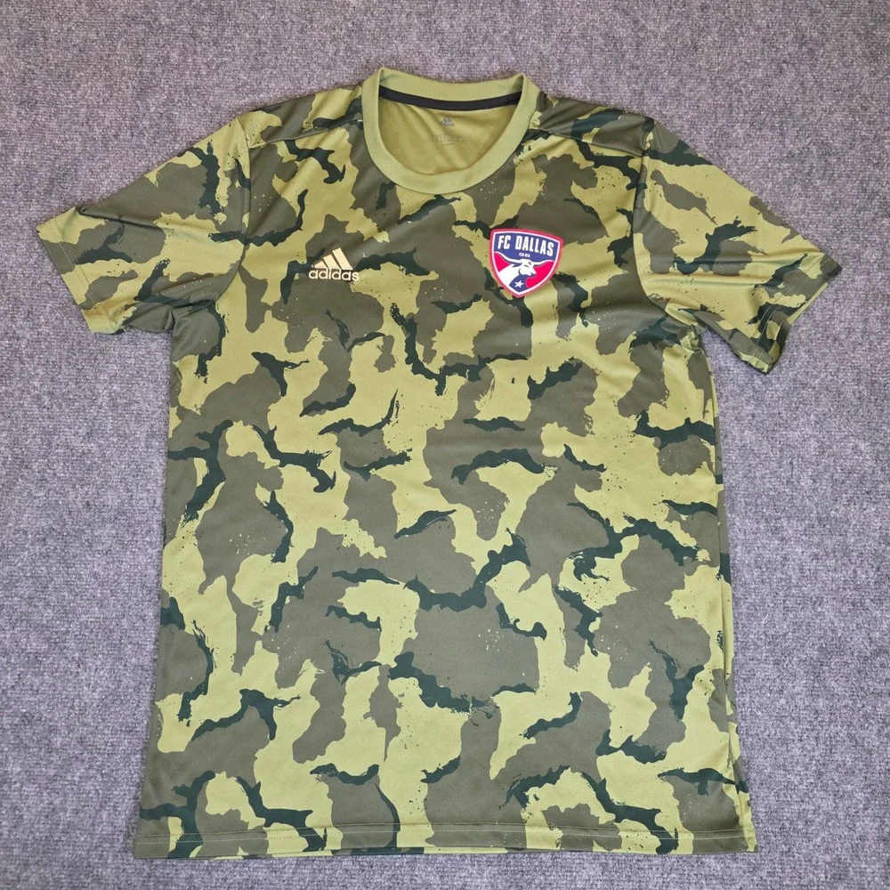 Adidas FC Dallas Soccer Jersey Large Green Camouflage Short Sleeve Performance